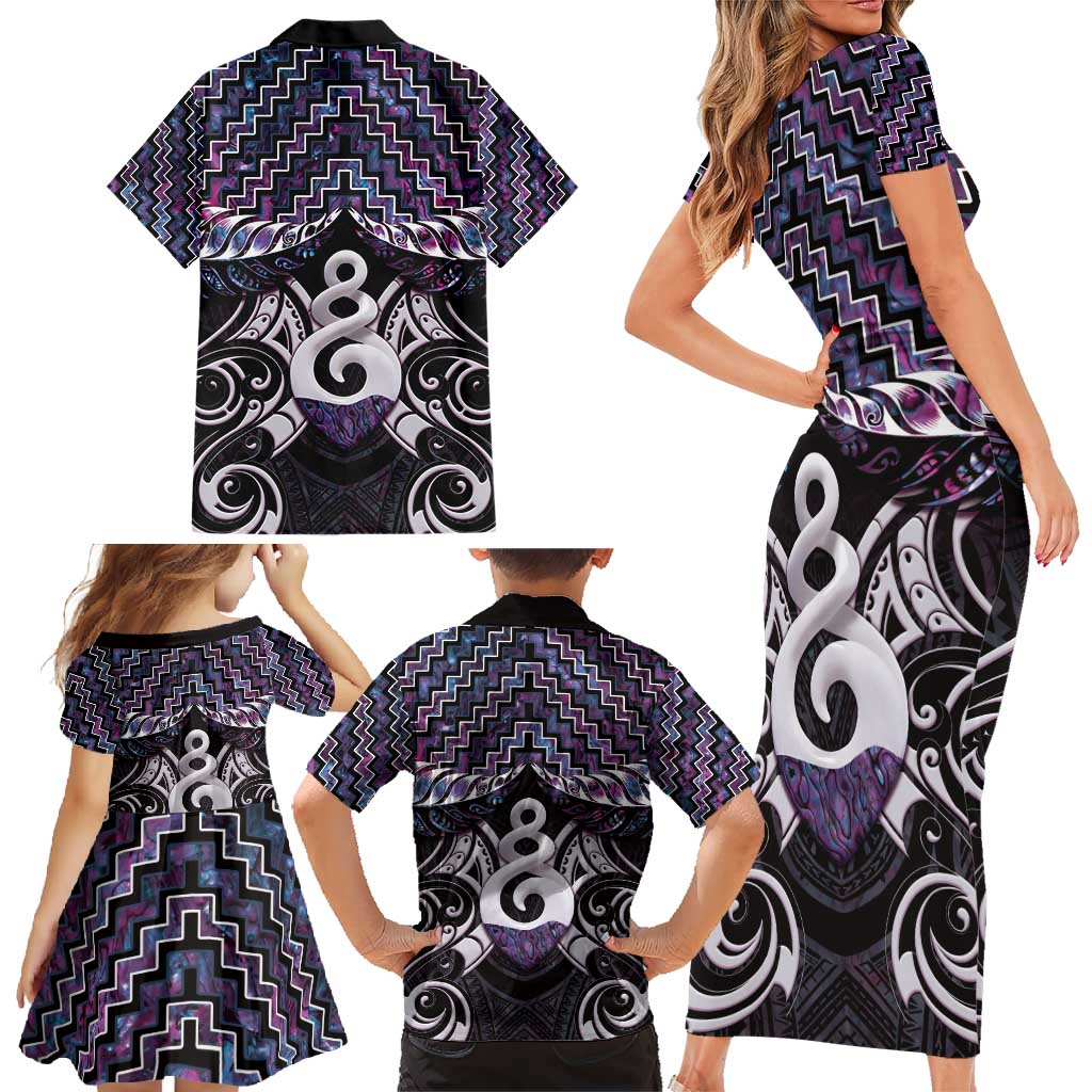 New Zealand Maori Family Matching Short Sleeve Bodycon Dress and Hawaiian Shirt Poutama Pikorua Purple Paua Shell