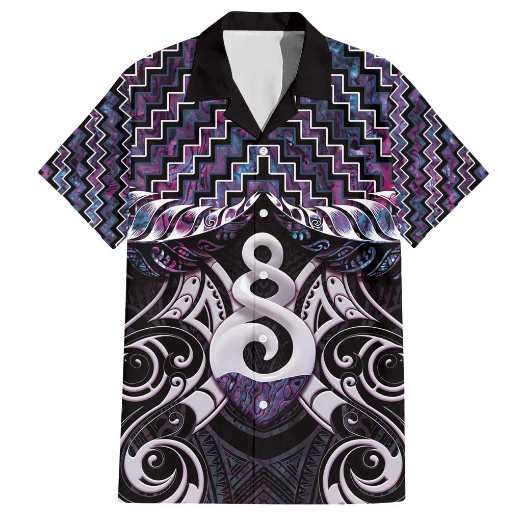 New Zealand Maori Family Matching Short Sleeve Bodycon Dress and Hawaiian Shirt Poutama Pikorua Purple Paua Shell