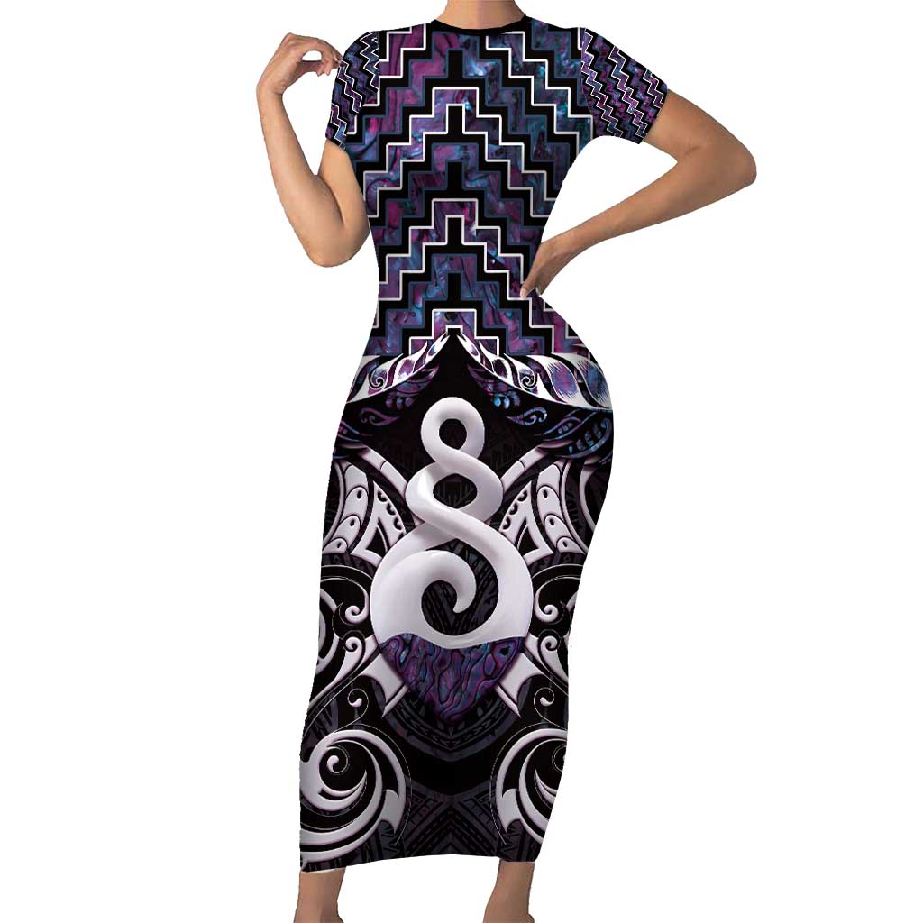 New Zealand Maori Family Matching Short Sleeve Bodycon Dress and Hawaiian Shirt Poutama Pikorua Purple Paua Shell