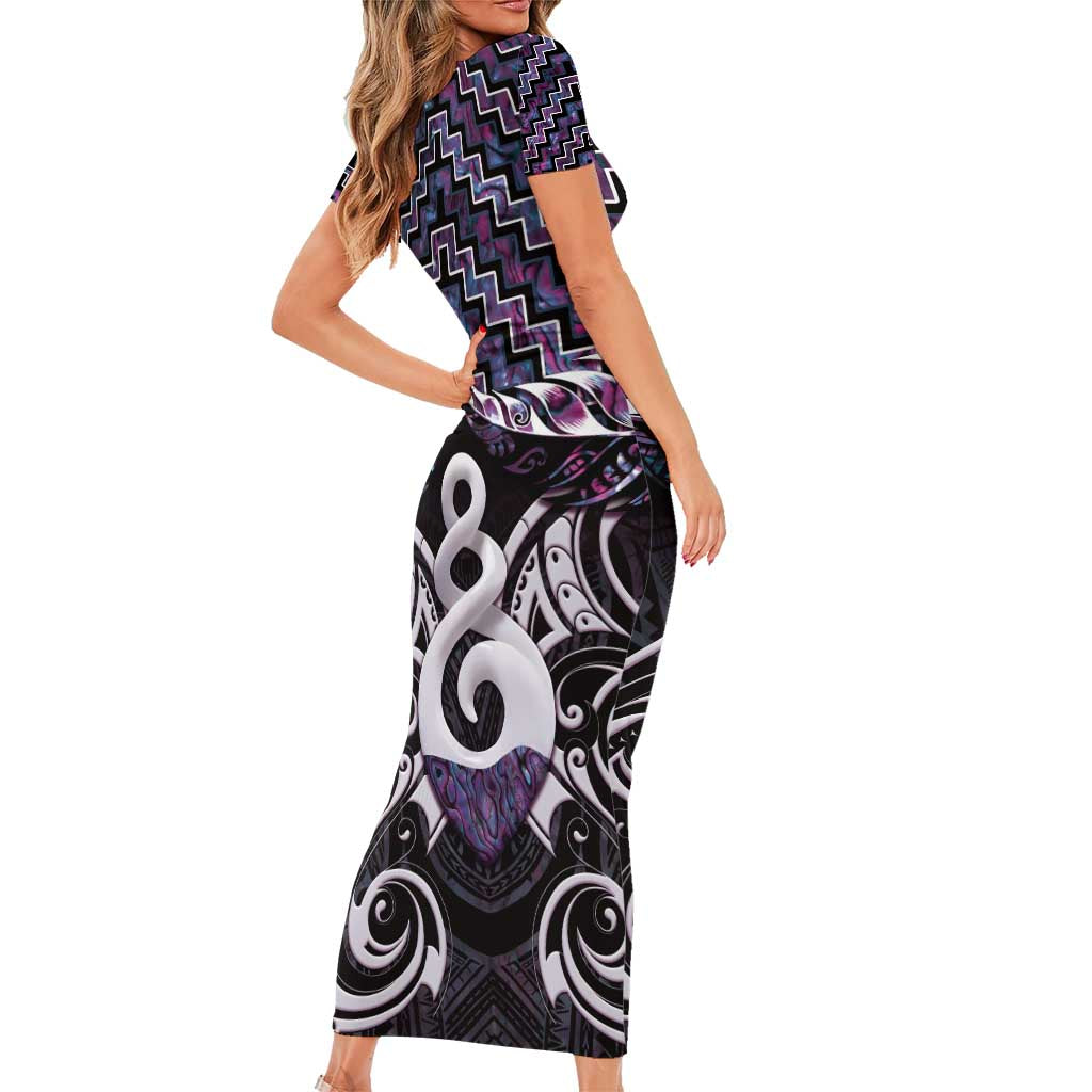 New Zealand Maori Family Matching Short Sleeve Bodycon Dress and Hawaiian Shirt Poutama Pikorua Purple Paua Shell