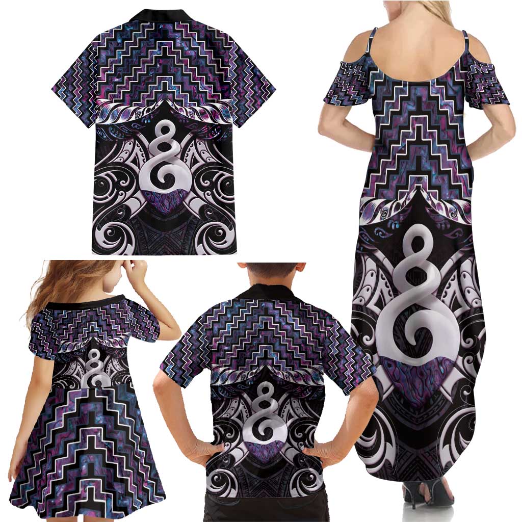 New Zealand Maori Family Matching Summer Maxi Dress and Hawaiian Shirt Poutama Pikorua Purple Paua Shell