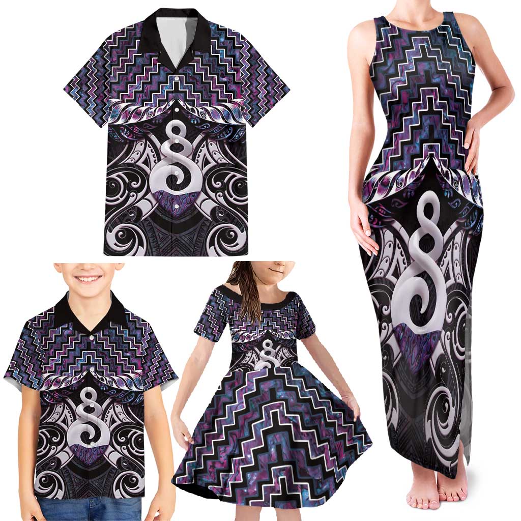 New Zealand Maori Family Matching Tank Maxi Dress and Hawaiian Shirt Poutama Pikorua Purple Paua Shell