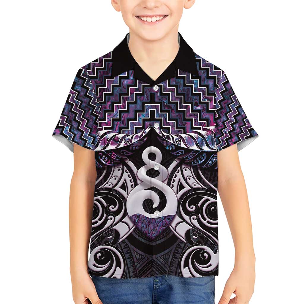 New Zealand Maori Kid Hawaiian Shirt Poutama Pikorua Purple Paua Shell