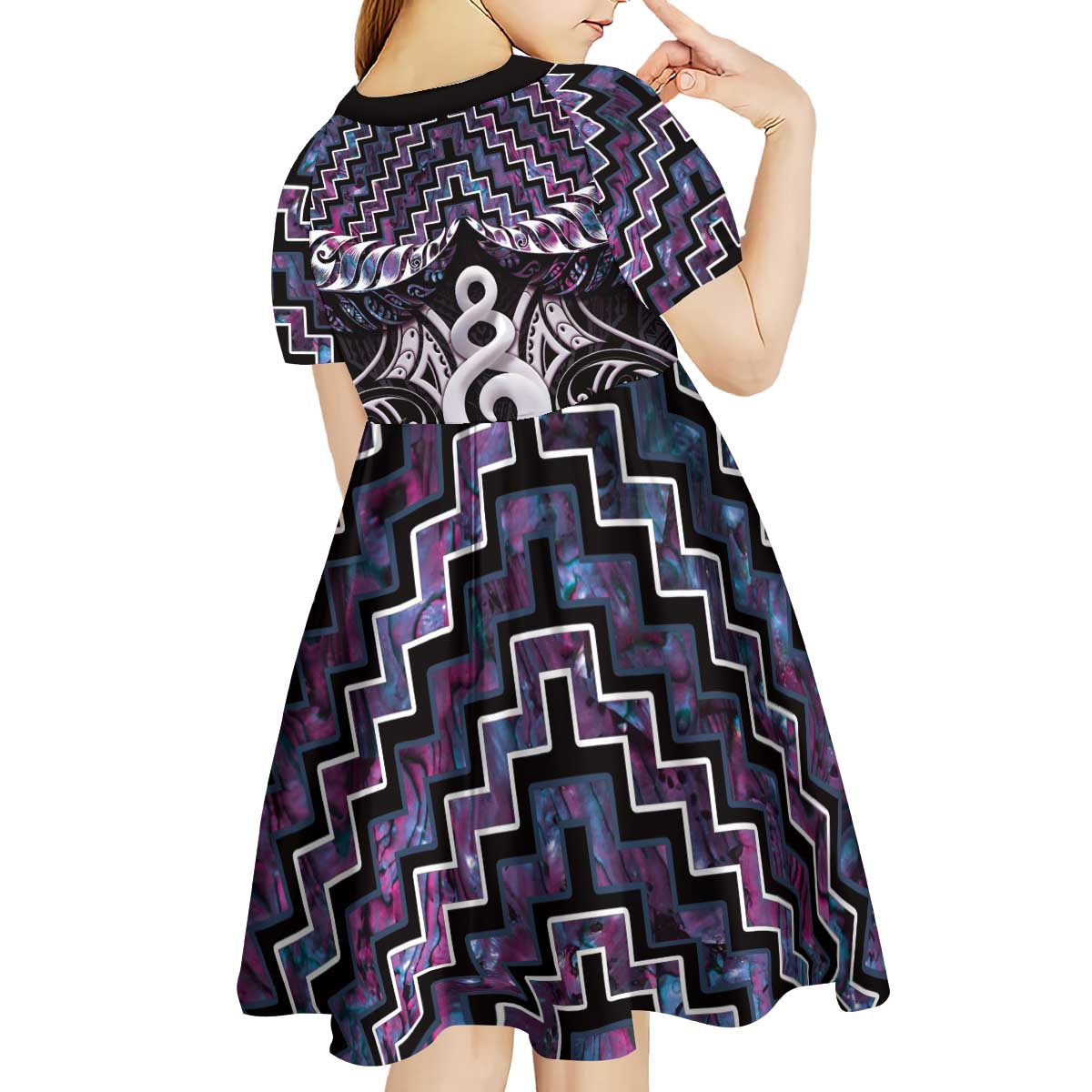 New Zealand Maori Kid Short Sleeve Dress Poutama Pikorua Purple Paua Shell LT05 - Vibe Hoodie Shop