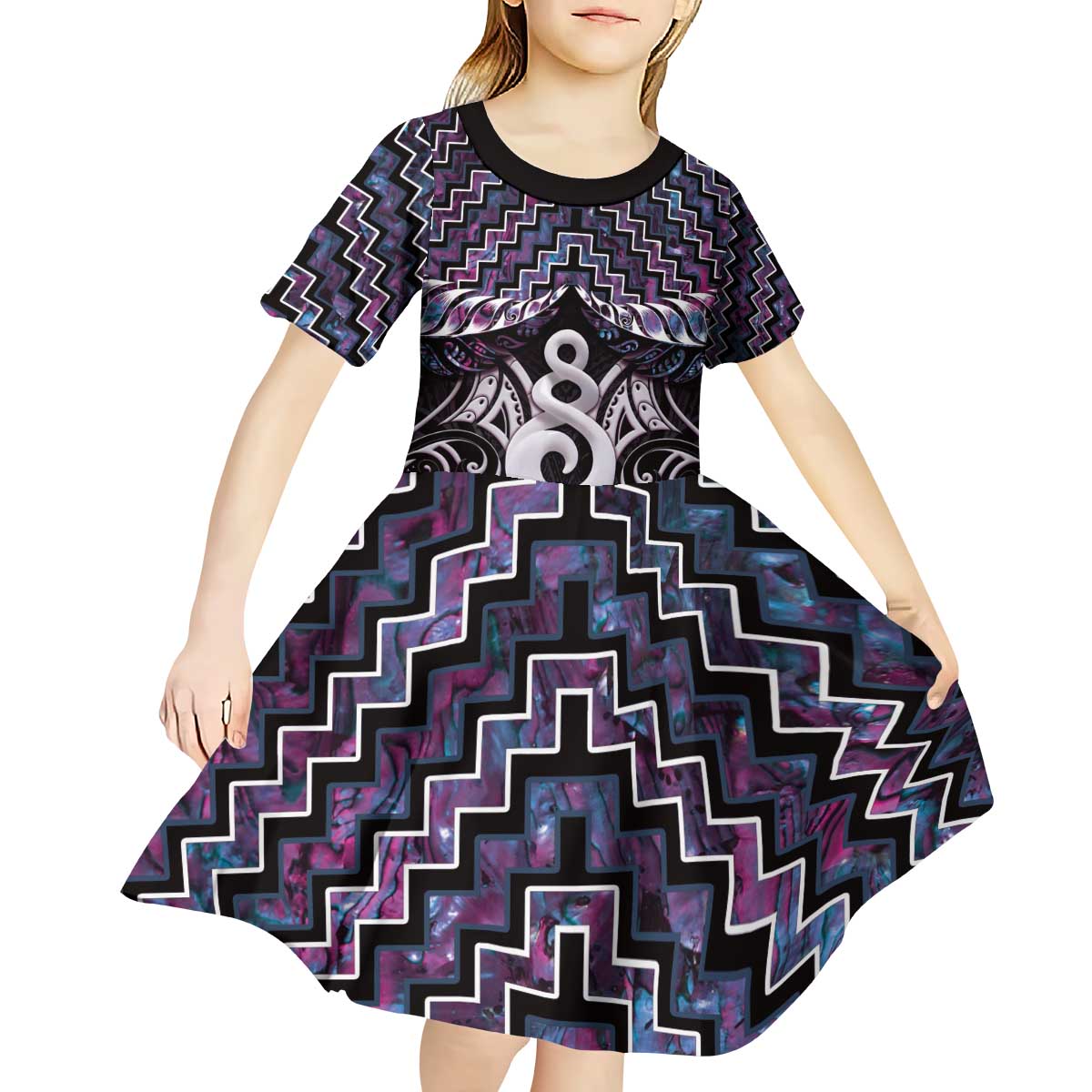 New Zealand Maori Kid Short Sleeve Dress Poutama Pikorua Purple Paua Shell LT05 - Vibe Hoodie Shop