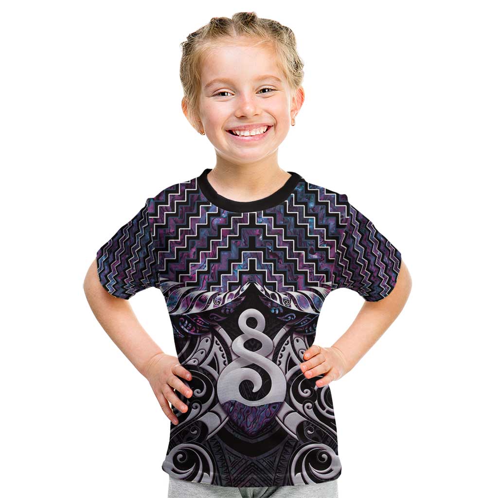 New Zealand Maori Kid T Shirt Poutama Pikorua Purple Paua Shell LT05 - Vibe Hoodie Shop