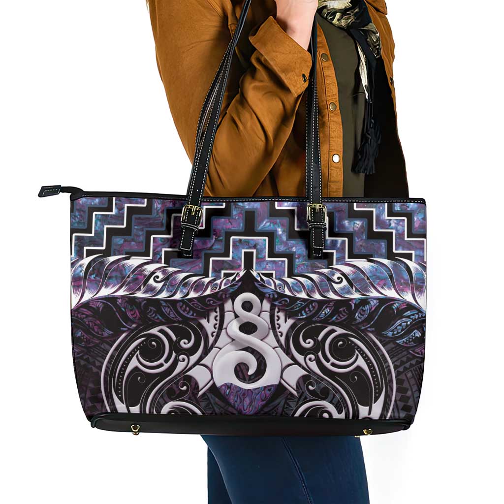 New Zealand Maori Leather Tote Bag Poutama Pikorua Purple Paua Shell