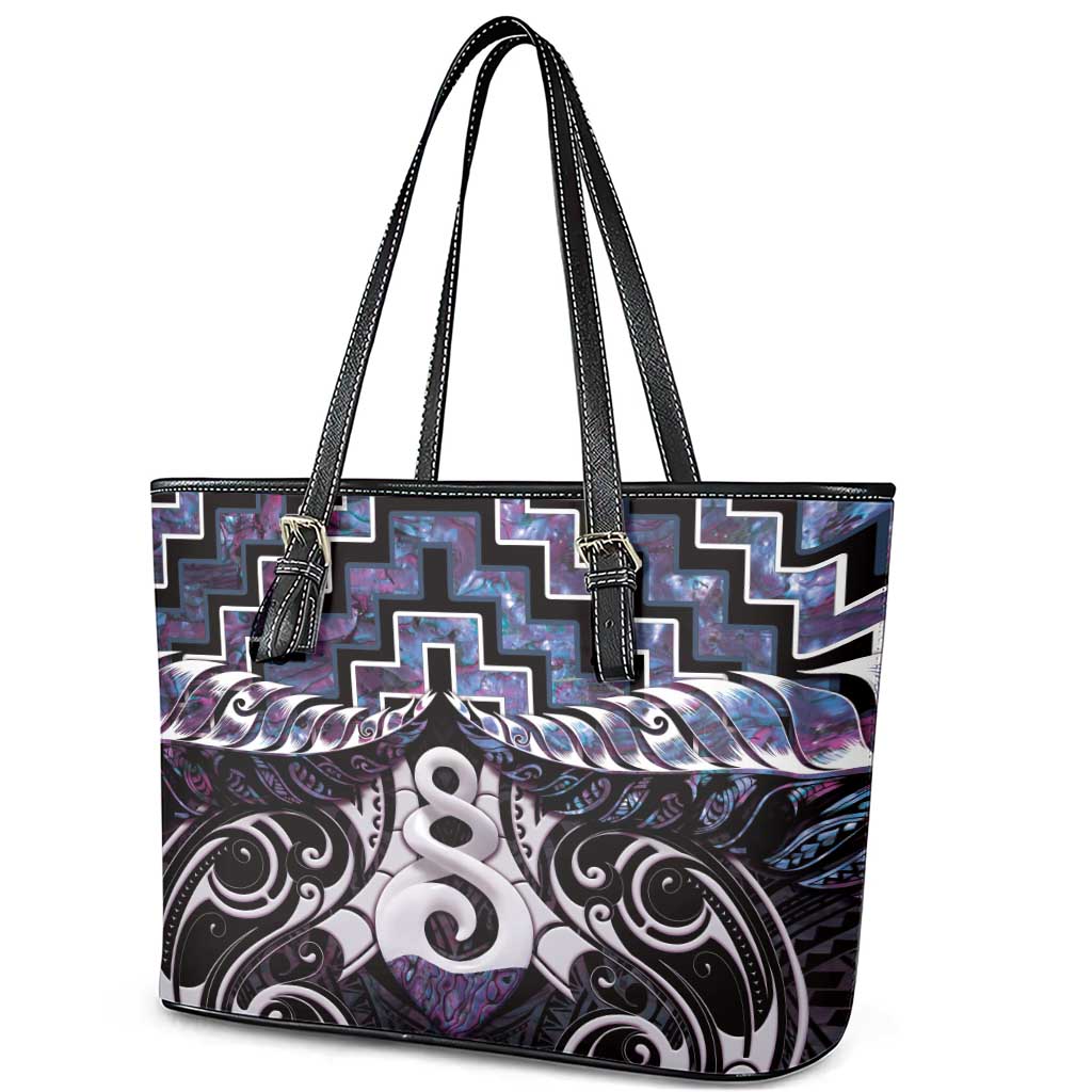 New Zealand Maori Leather Tote Bag Poutama Pikorua Purple Paua Shell