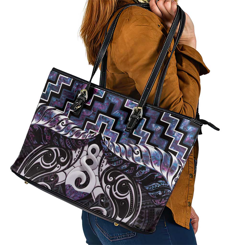 New Zealand Maori Leather Tote Bag Poutama Pikorua Purple Paua Shell