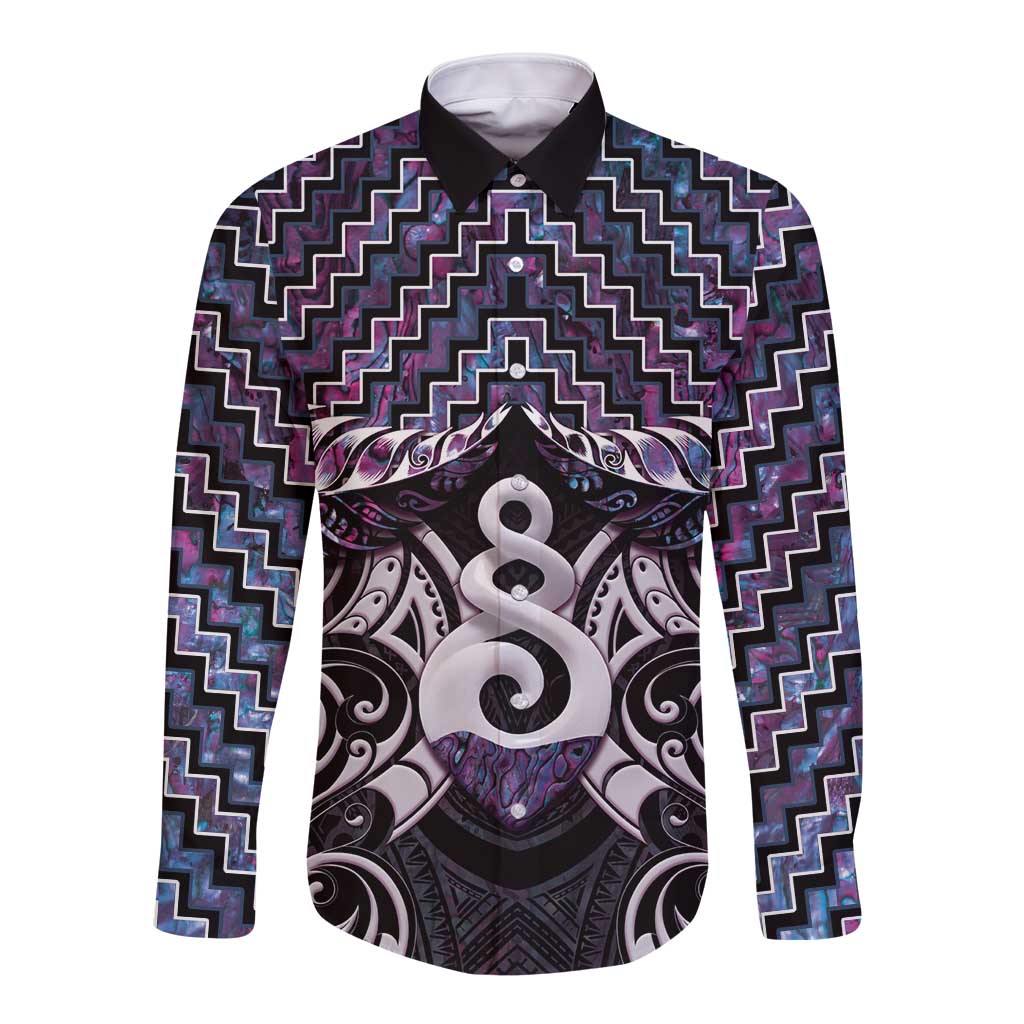 New Zealand Maori Long Sleeve Button Shirt Poutama Pikorua Purple Paua Shell LT05 - Vibe Hoodie Shop