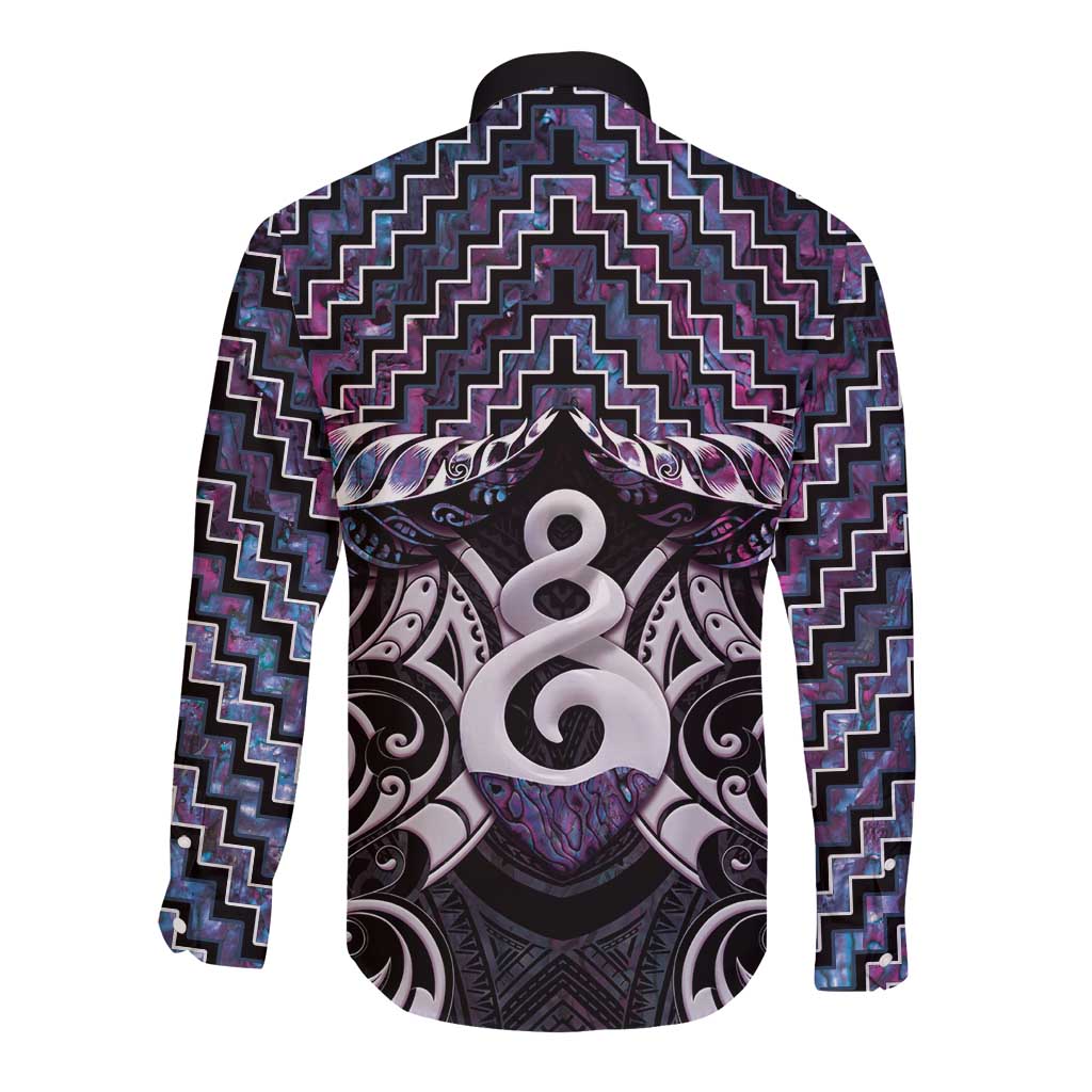 New Zealand Maori Long Sleeve Button Shirt Poutama Pikorua Purple Paua Shell LT05 - Vibe Hoodie Shop