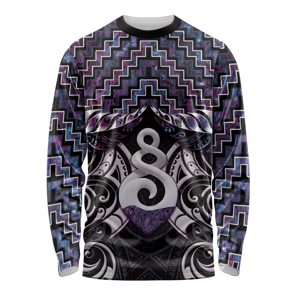 New Zealand Maori Long Sleeve Shirt Poutama Pikorua Purple Paua Shell LT05 - Vibe Hoodie Shop