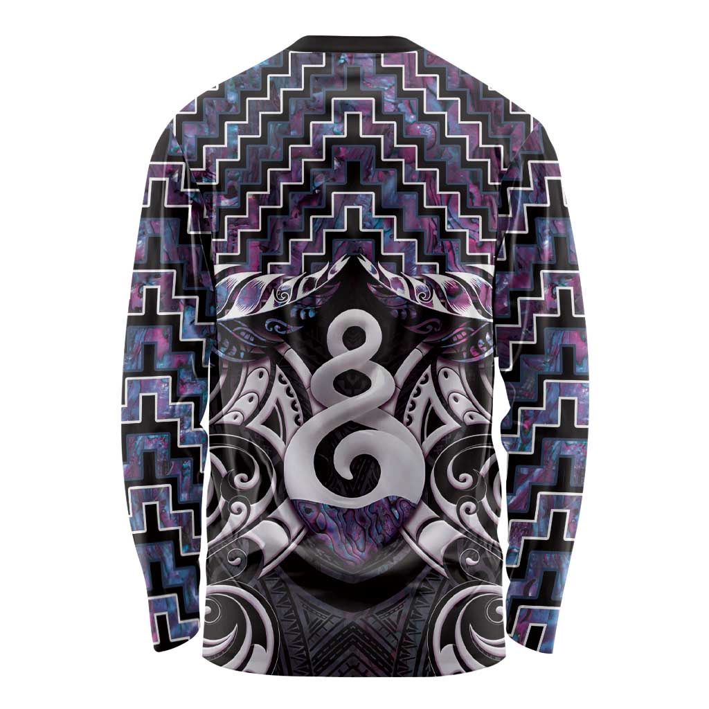 New Zealand Maori Long Sleeve Shirt Poutama Pikorua Purple Paua Shell LT05 - Vibe Hoodie Shop