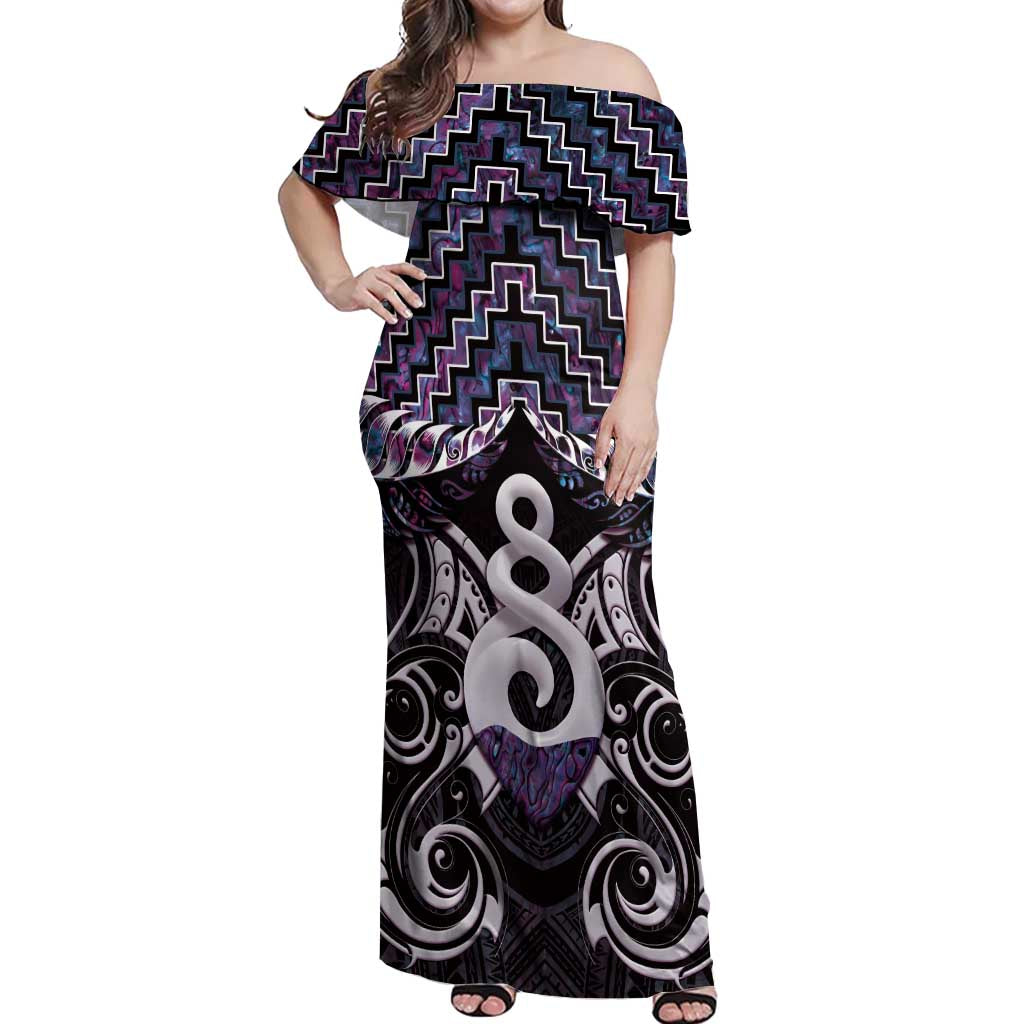 New Zealand Maori Off Shoulder Maxi Dress Poutama Pikorua Purple Paua Shell