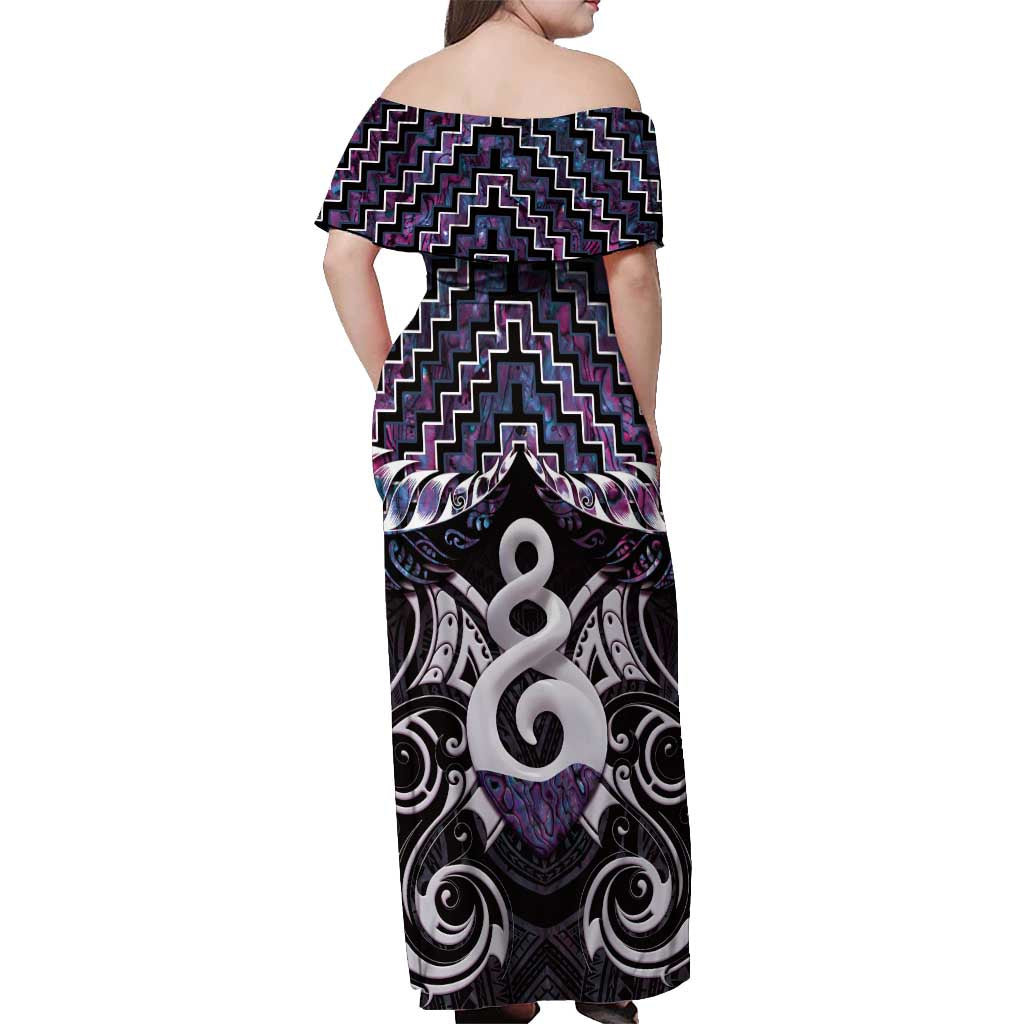 New Zealand Maori Off Shoulder Maxi Dress Poutama Pikorua Purple Paua Shell