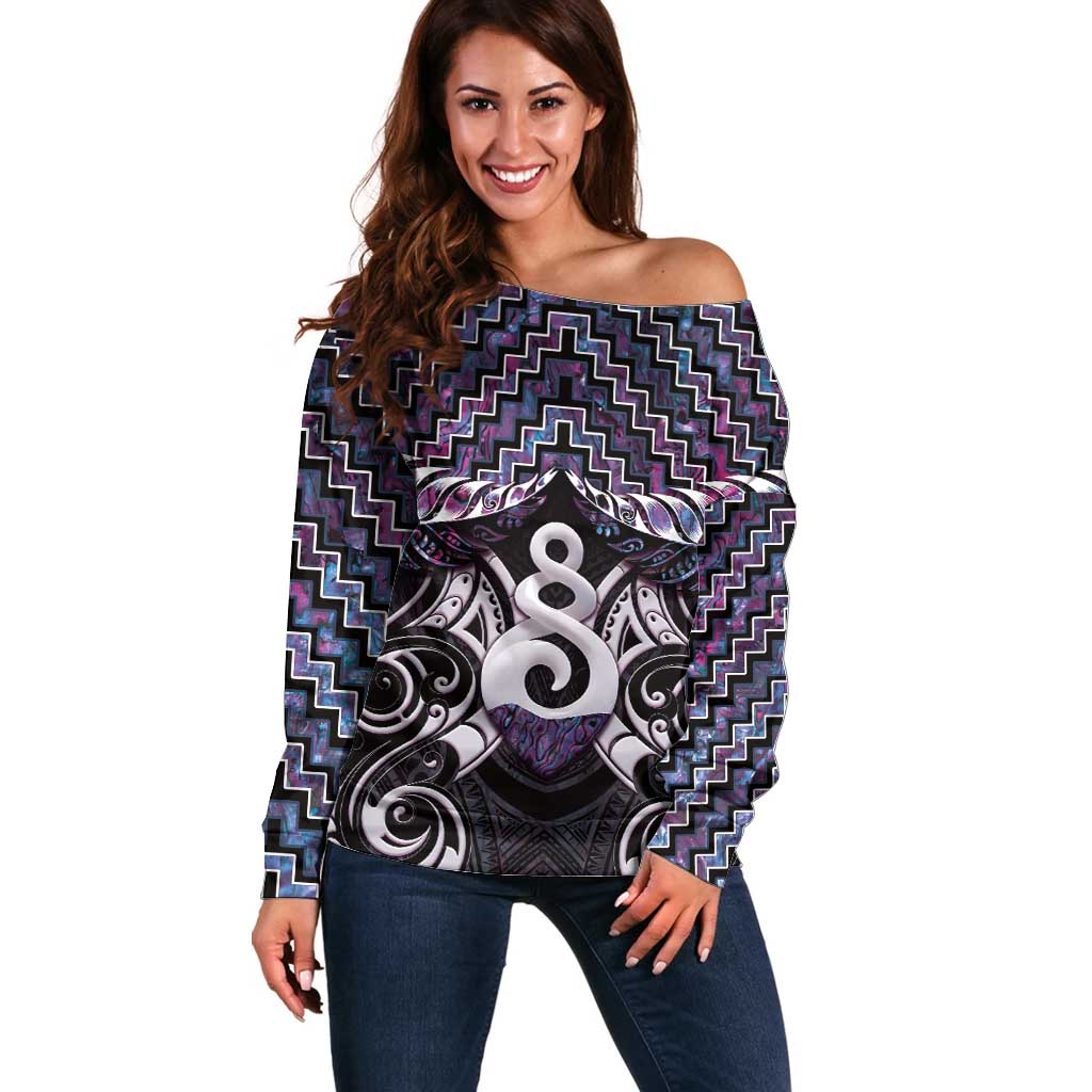 New Zealand Maori Off Shoulder Sweater Poutama Pikorua Purple Paua Shell LT05 - Vibe Hoodie Shop