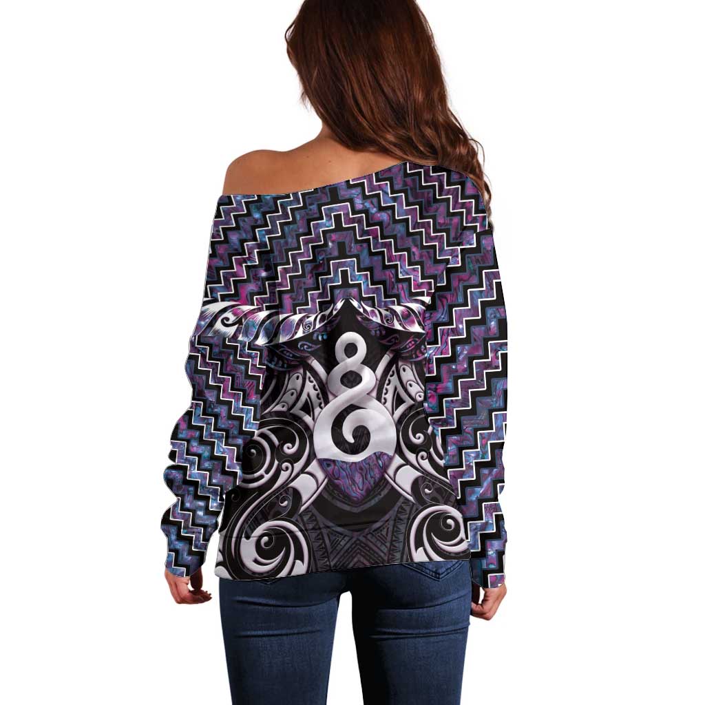 New Zealand Maori Off Shoulder Sweater Poutama Pikorua Purple Paua Shell LT05 - Vibe Hoodie Shop