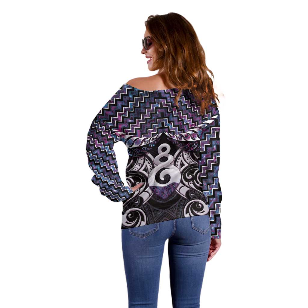 New Zealand Maori Off Shoulder Sweater Poutama Pikorua Purple Paua Shell LT05 - Vibe Hoodie Shop