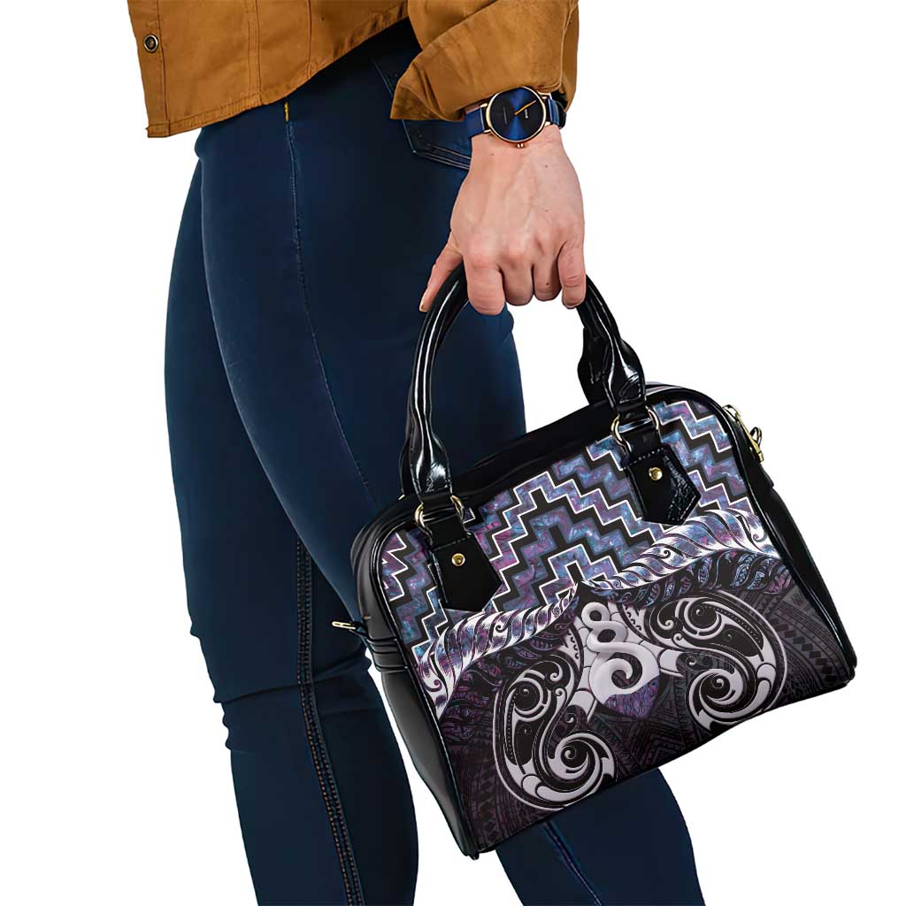 New Zealand Maori Shoulder Handbag Poutama Pikorua Purple Paua Shell LT05 - Vibe Hoodie Shop