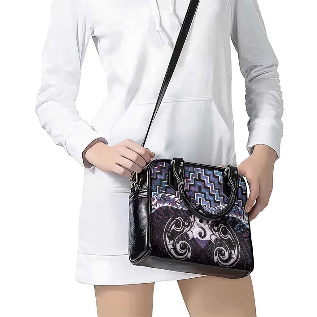 New Zealand Maori Shoulder Handbag Poutama Pikorua Purple Paua Shell LT05 - Vibe Hoodie Shop