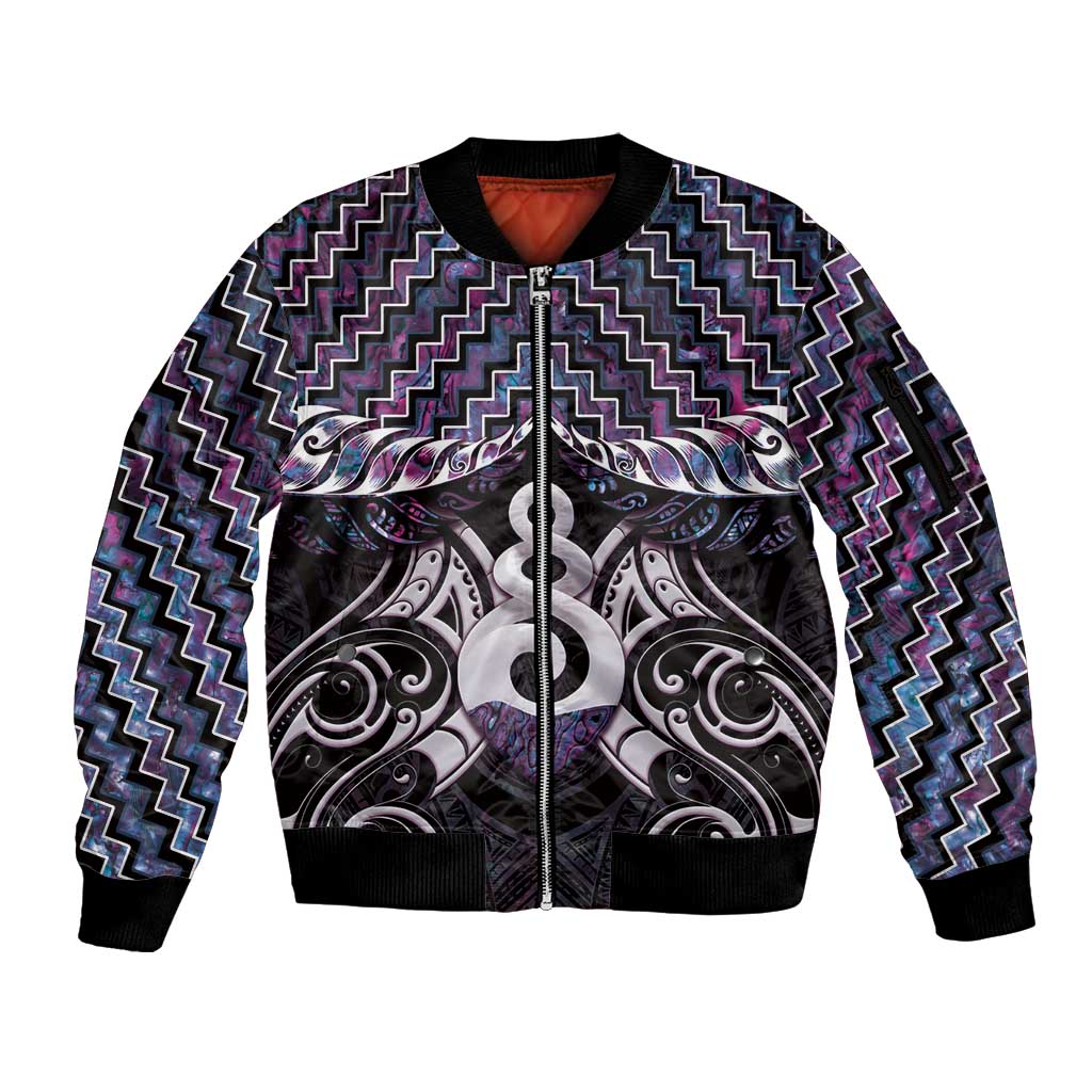 New Zealand Maori Sleeve Zip Bomber Jacket Poutama Pikorua Purple Paua Shell