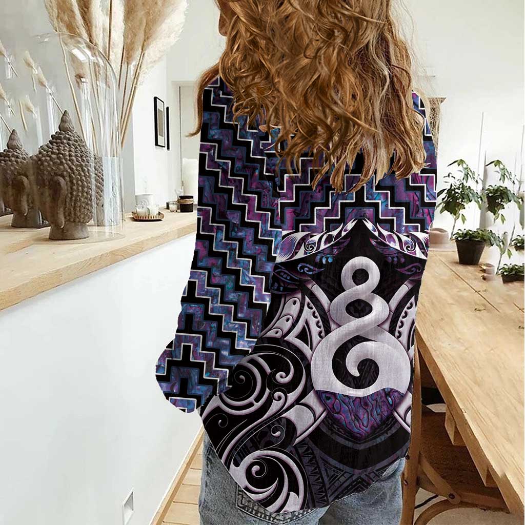 New Zealand Maori Women Casual Shirt Poutama Pikorua Purple Paua Shell LT05 - Vibe Hoodie Shop