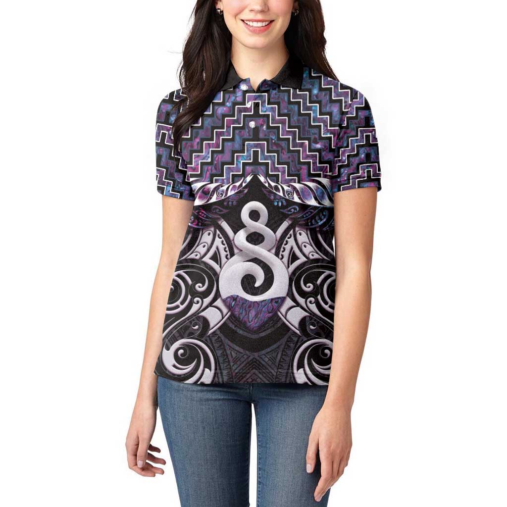 New Zealand Maori Women Polo Shirt Poutama Pikorua Purple Paua Shell LT05 - Vibe Hoodie Shop