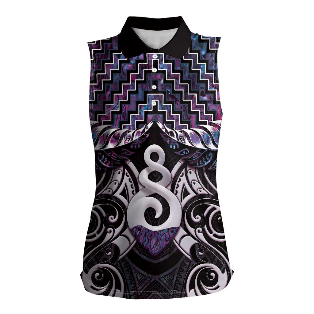 New Zealand Maori Women Sleeveless Polo Shirt Poutama Pikorua Purple Paua Shell