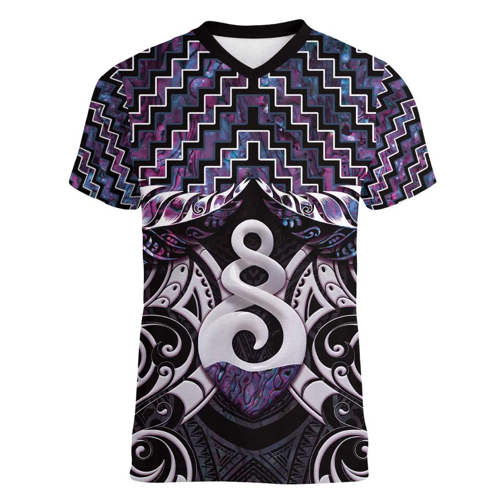 New Zealand Maori Women V-Neck T-Shirt Poutama Pikorua Purple Paua Shell LT05 - Vibe Hoodie Shop