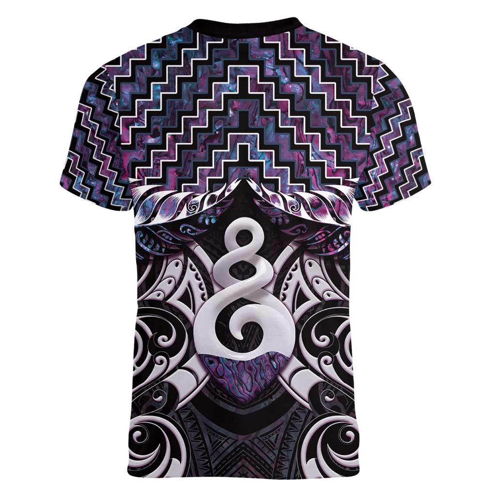 New Zealand Maori Women V-Neck T-Shirt Poutama Pikorua Purple Paua Shell LT05 - Vibe Hoodie Shop