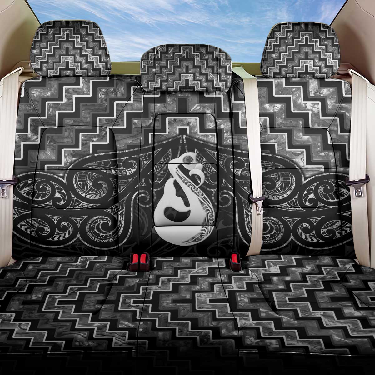 New Zealand Maori Back Car Seat Cover Poutama Manaia Black Paua Shell