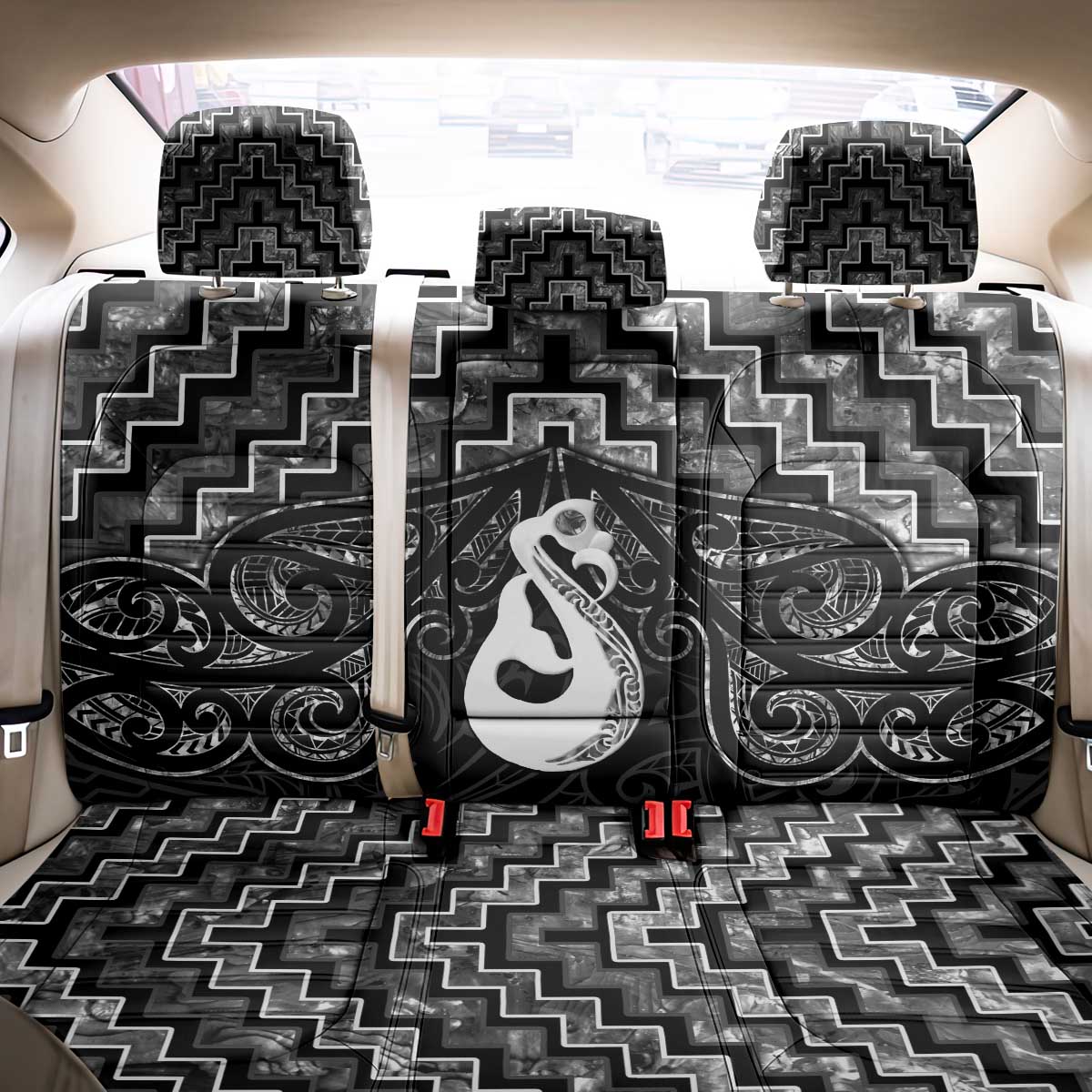 New Zealand Maori Back Car Seat Cover Poutama Manaia Black Paua Shell