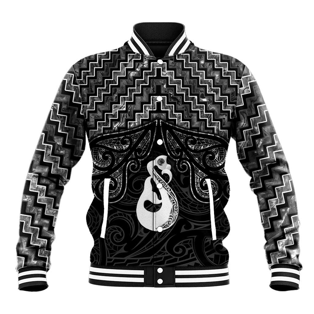 New Zealand Maori Baseball Jacket Poutama Manaia Black Paua Shell LT05 - Vibe Hoodie Shop