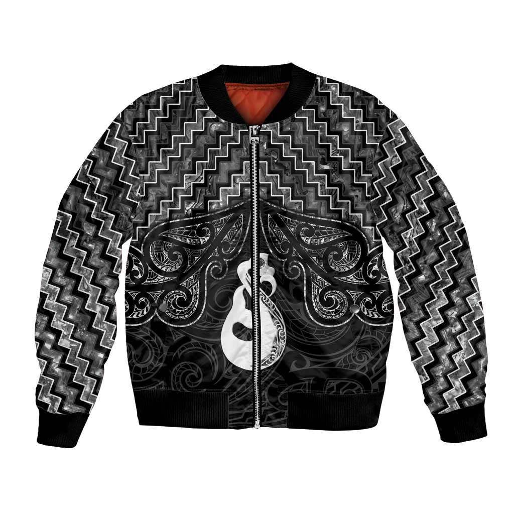 New Zealand Maori Bomber Jacket Poutama Manaia Black Paua Shell LT05 - Vibe Hoodie Shop