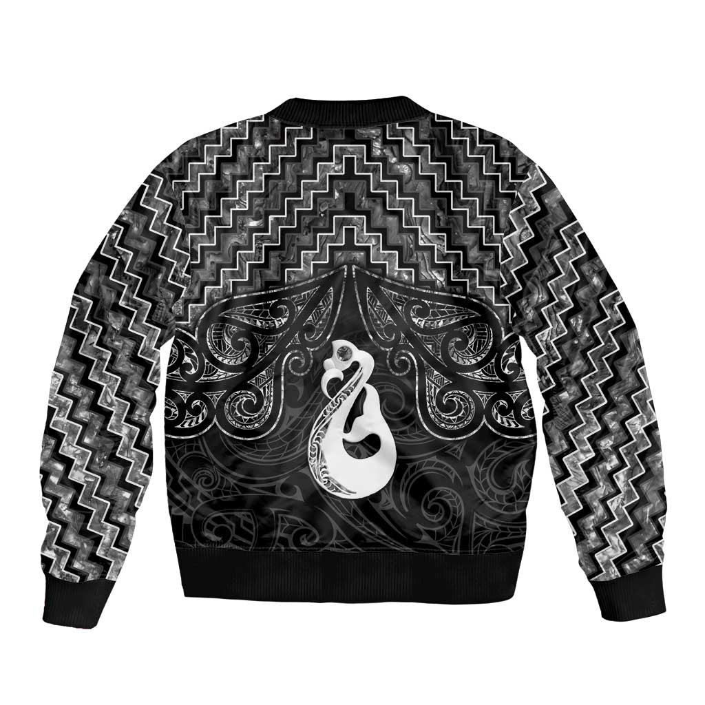 New Zealand Maori Bomber Jacket Poutama Manaia Black Paua Shell LT05 - Vibe Hoodie Shop