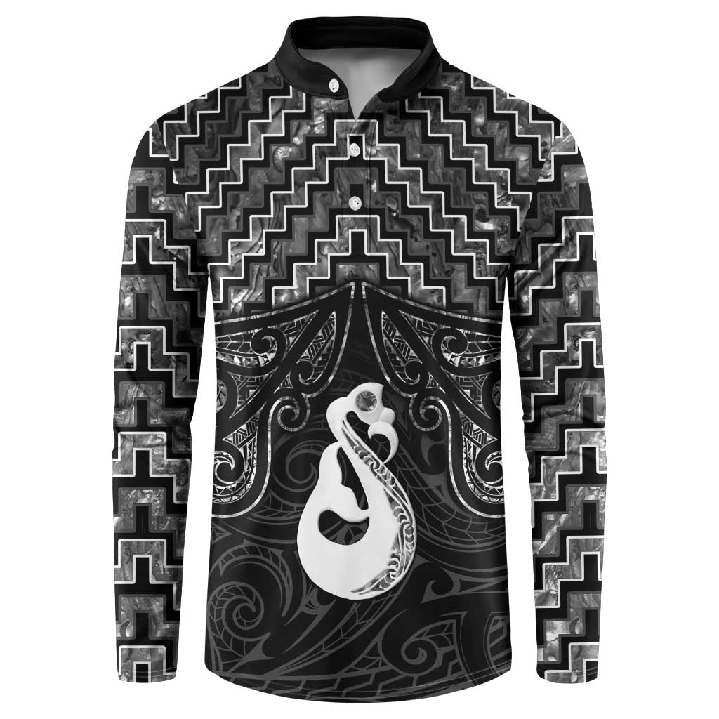 New Zealand Maori Button Sweatshirt Poutama Manaia Black Paua Shell