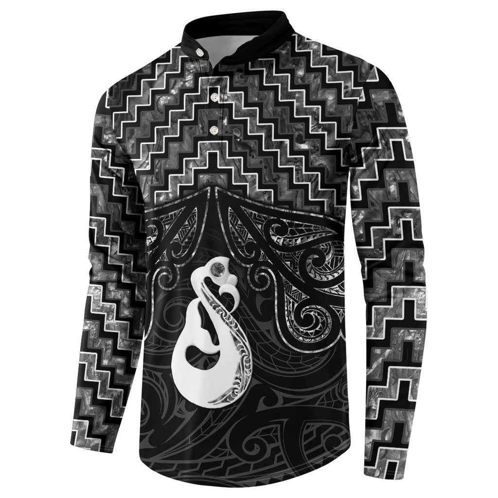 New Zealand Maori Button Sweatshirt Poutama Manaia Black Paua Shell