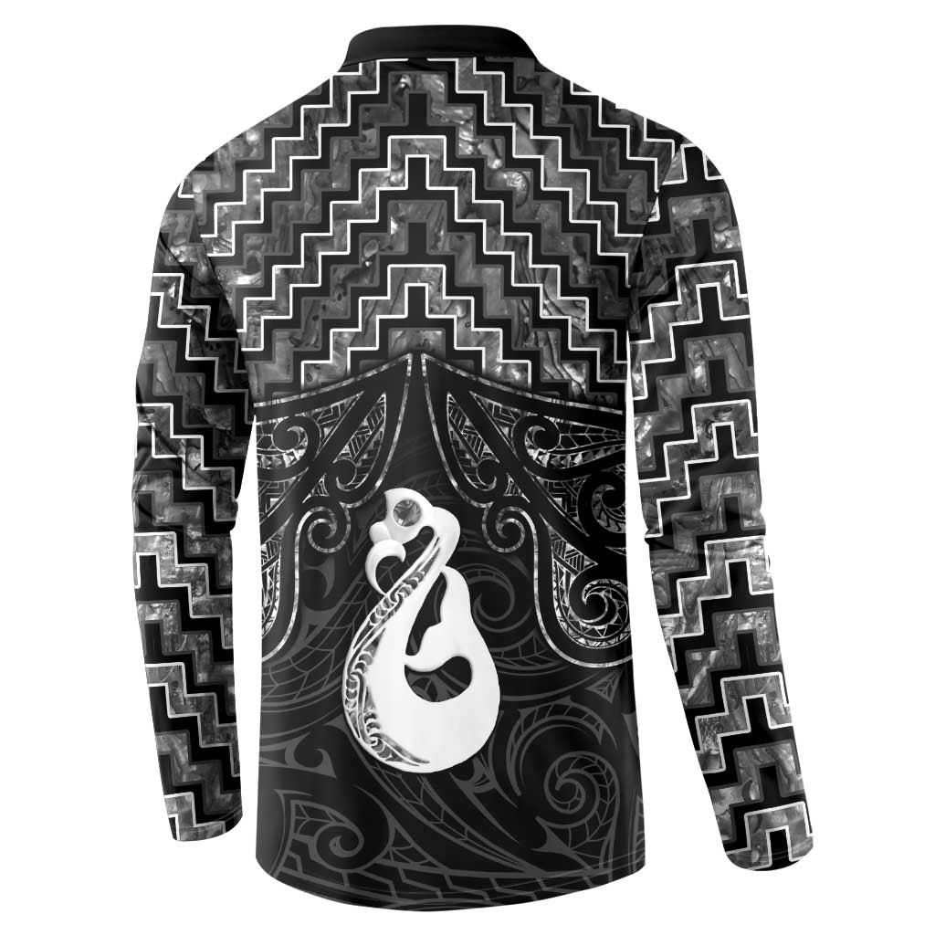 New Zealand Maori Button Sweatshirt Poutama Manaia Black Paua Shell