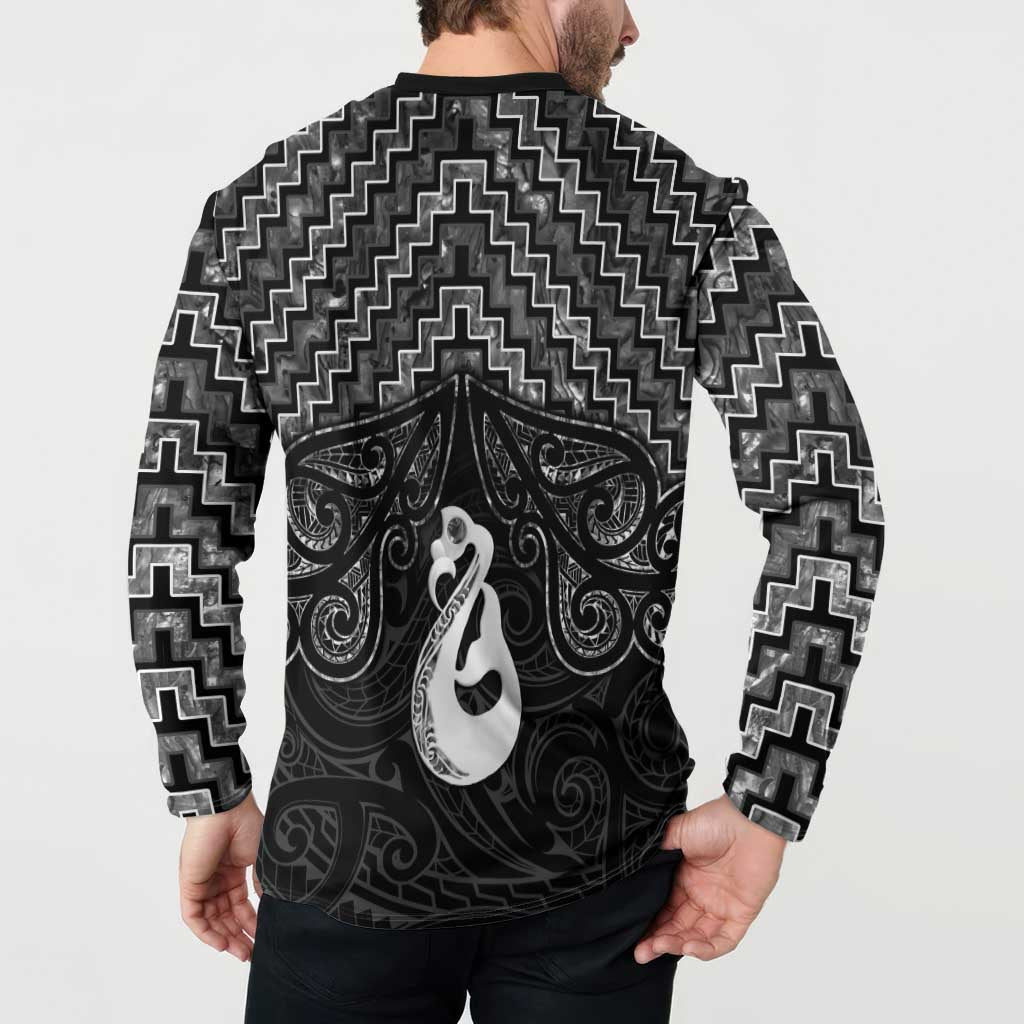 New Zealand Maori Button Sweatshirt Poutama Manaia Black Paua Shell