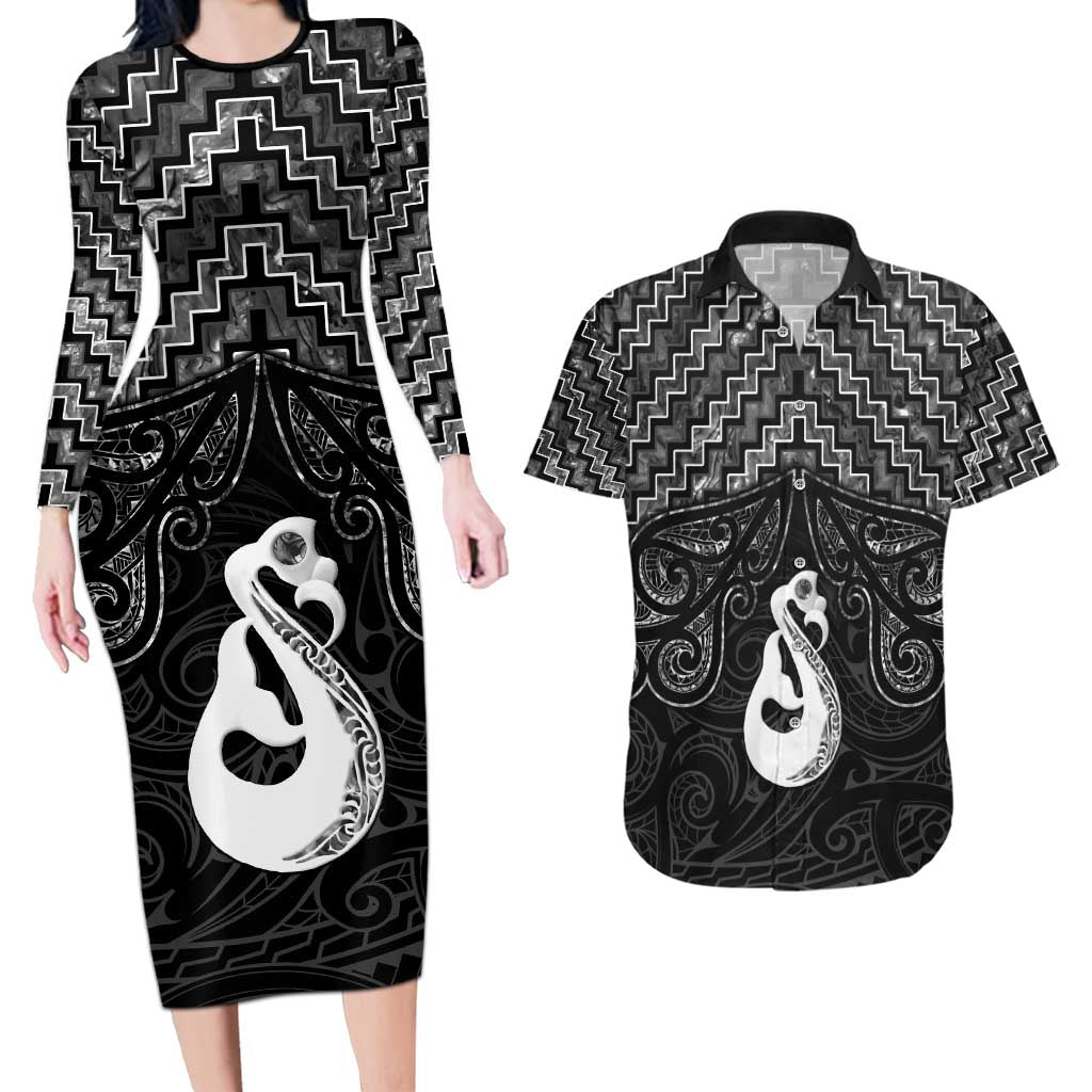 New Zealand Maori Couples Matching Long Sleeve Bodycon Dress and Hawaiian Shirt Poutama Manaia Black Paua Shell