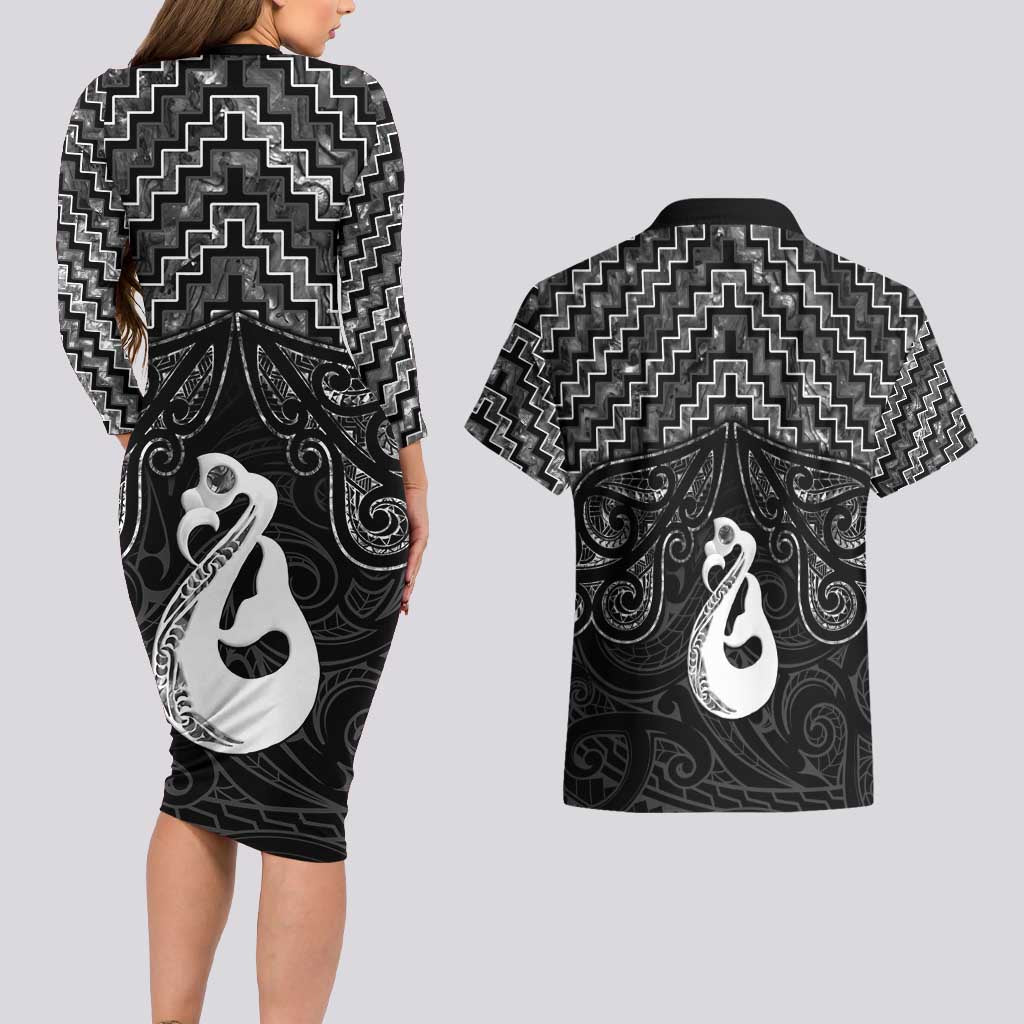 New Zealand Maori Couples Matching Long Sleeve Bodycon Dress and Hawaiian Shirt Poutama Manaia Black Paua Shell