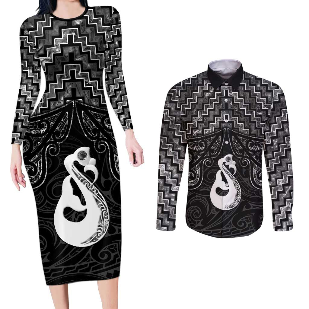 New Zealand Maori Couples Matching Long Sleeve Bodycon Dress and Long Sleeve Button Shirt Poutama Manaia Black Paua Shell