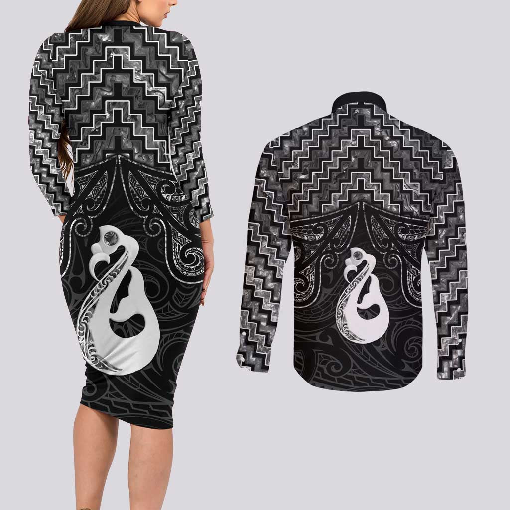 New Zealand Maori Couples Matching Long Sleeve Bodycon Dress and Long Sleeve Button Shirt Poutama Manaia Black Paua Shell