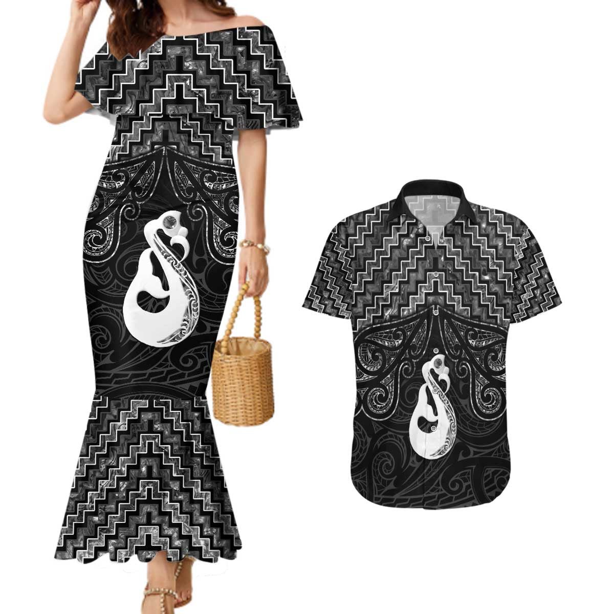 New Zealand Maori Couples Matching Mermaid Dress and Hawaiian Shirt Poutama Manaia Black Paua Shell