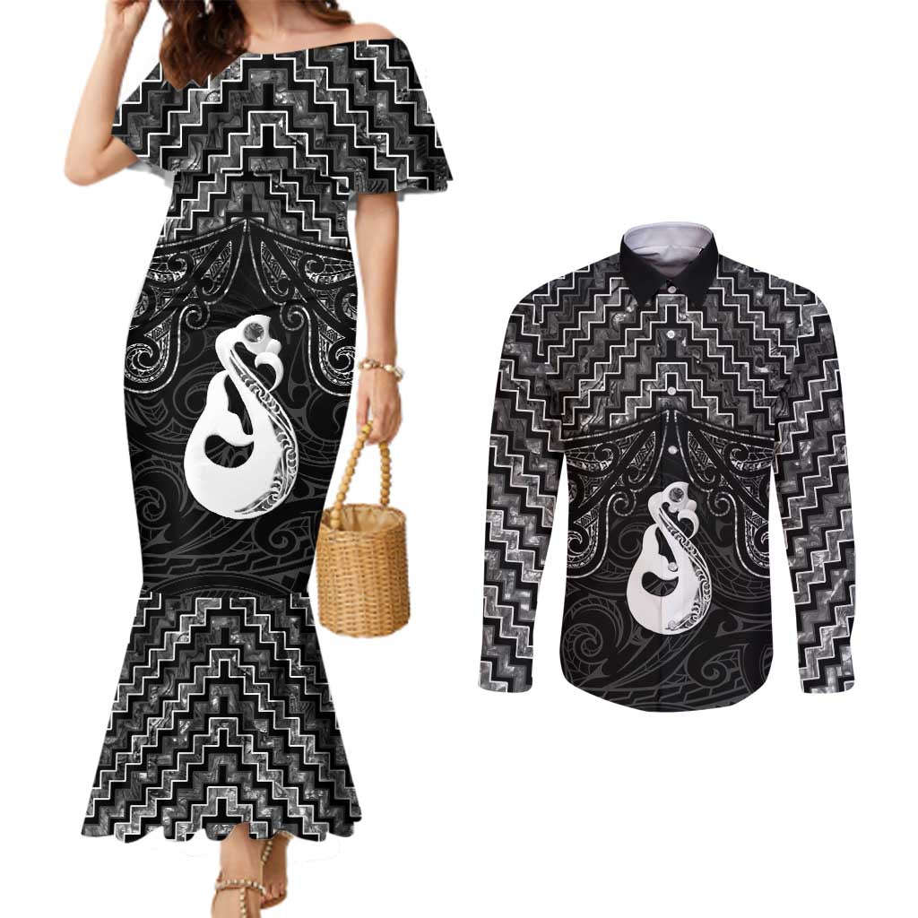 New Zealand Maori Couples Matching Mermaid Dress and Long Sleeve Button Shirt Poutama Manaia Black Paua Shell