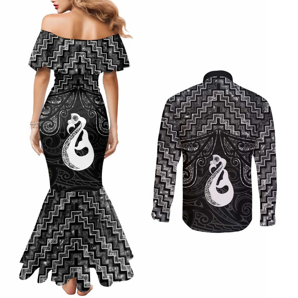 New Zealand Maori Couples Matching Mermaid Dress and Long Sleeve Button Shirt Poutama Manaia Black Paua Shell