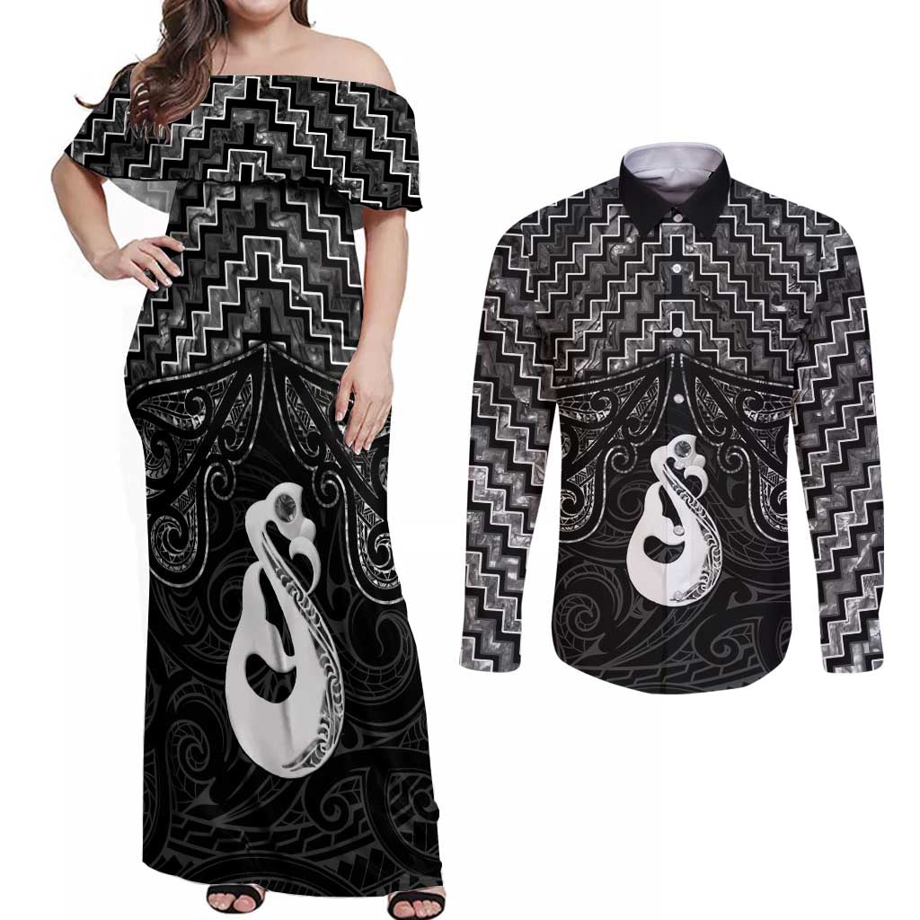 New Zealand Maori Couples Matching Off Shoulder Maxi Dress and Long Sleeve Button Shirt Poutama Manaia Black Paua Shell