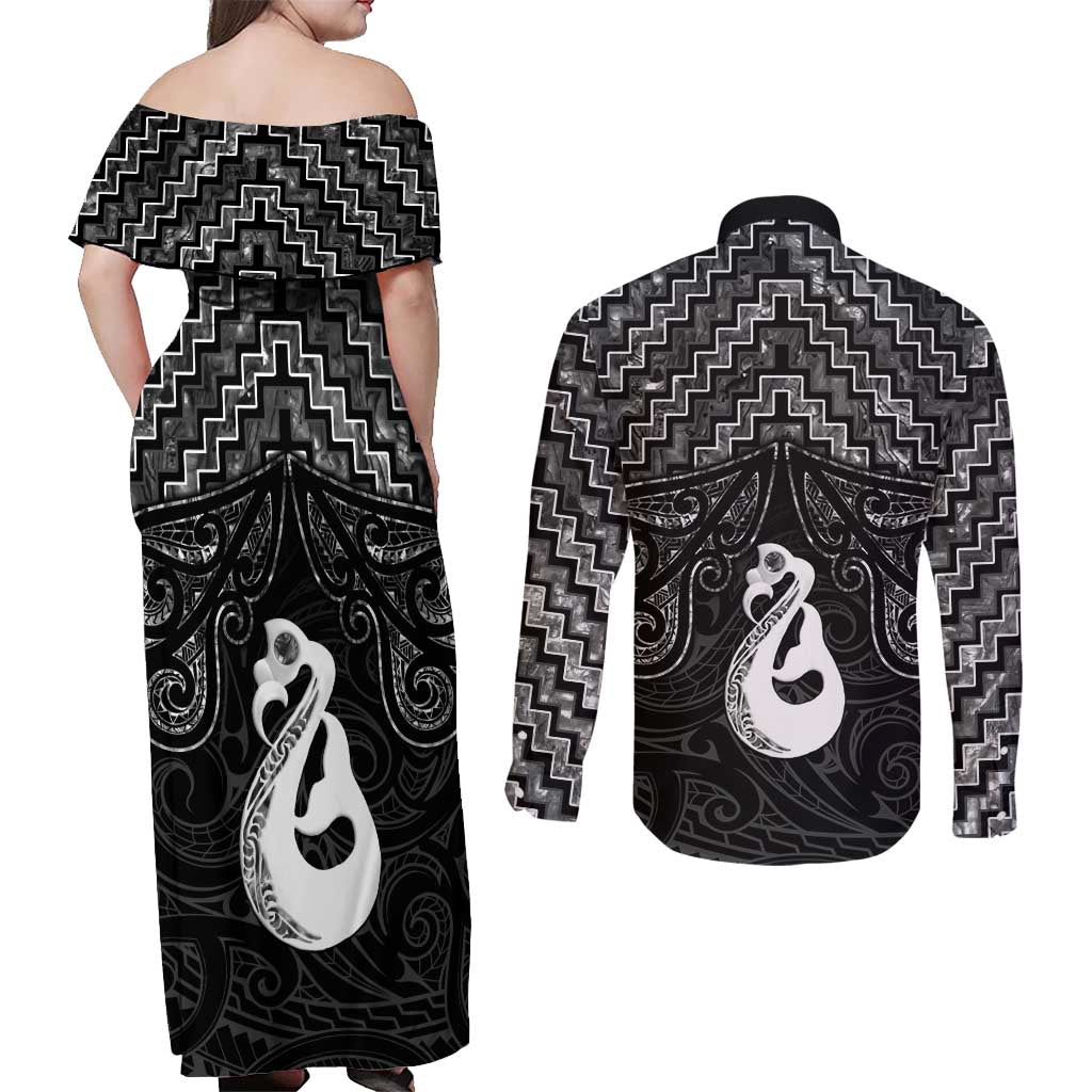 New Zealand Maori Couples Matching Off Shoulder Maxi Dress and Long Sleeve Button Shirt Poutama Manaia Black Paua Shell