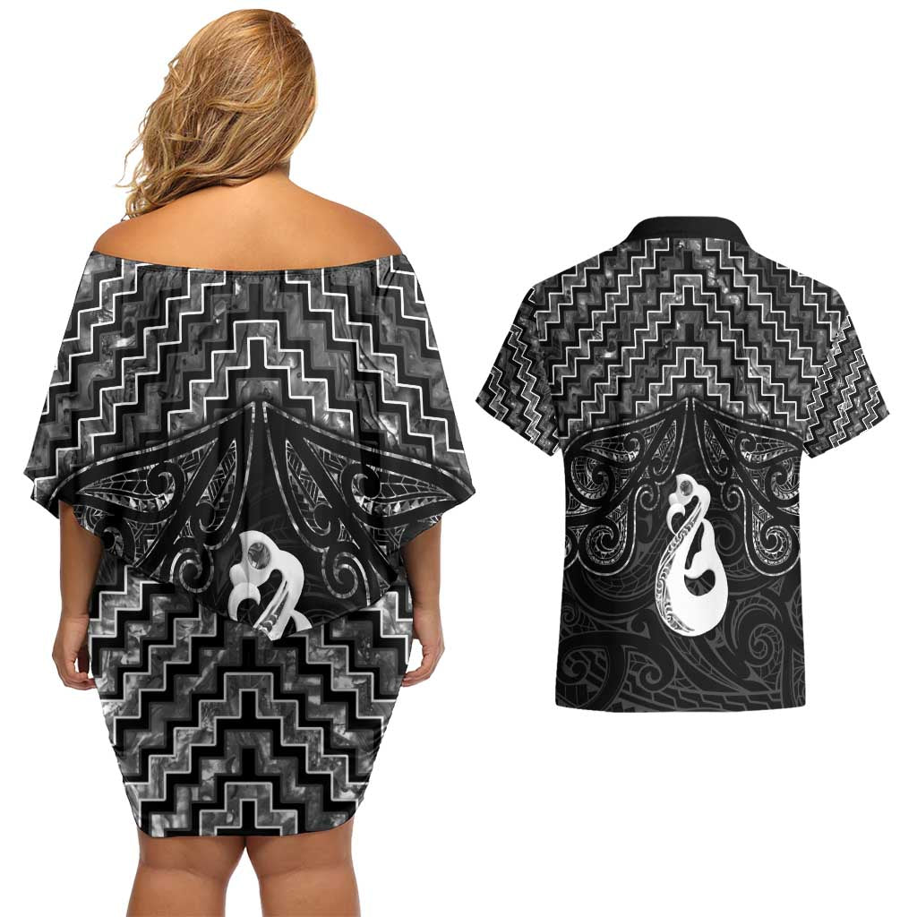 New Zealand Maori Couples Matching Off Shoulder Short Dress and Hawaiian Shirt Poutama Manaia Black Paua Shell