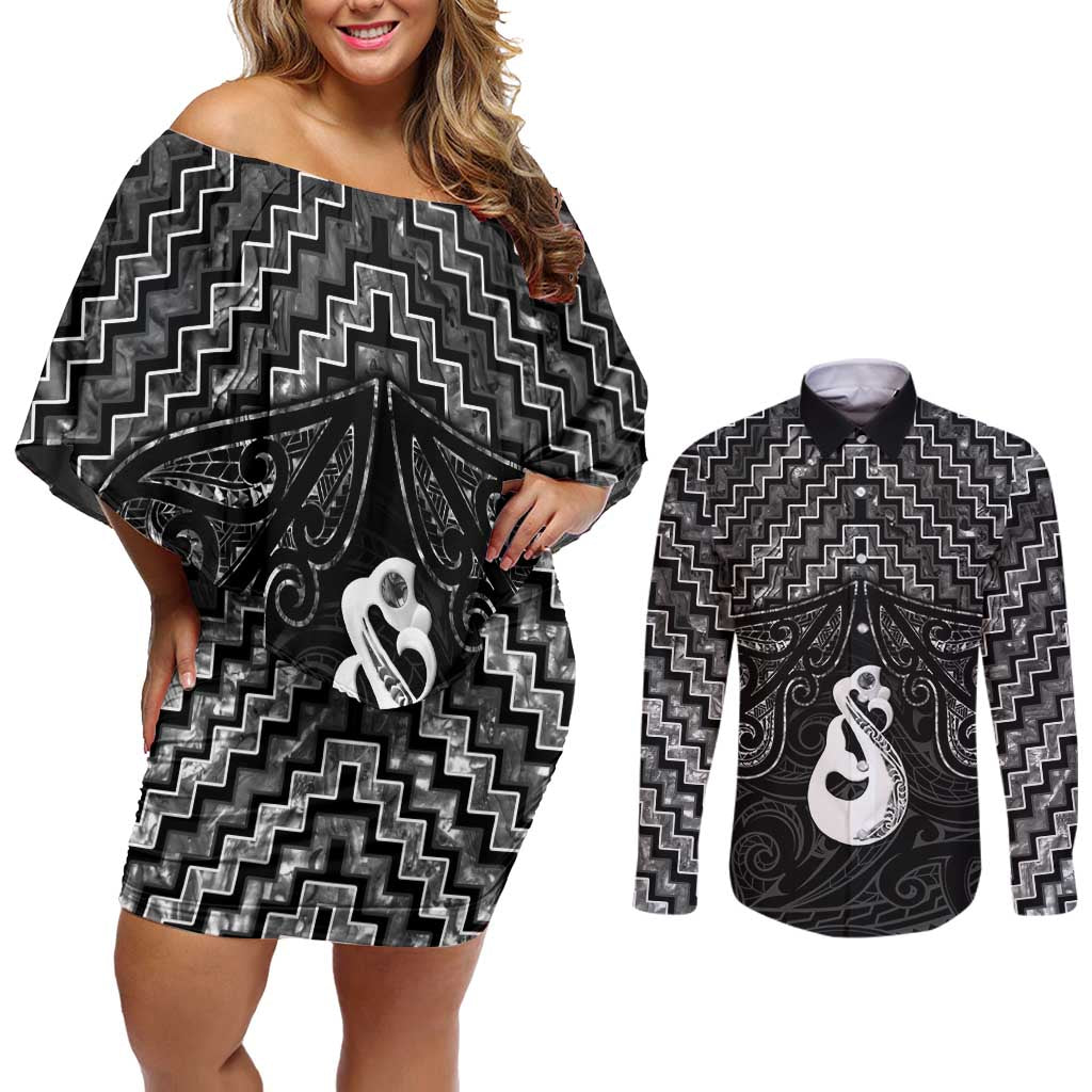 New Zealand Maori Couples Matching Off Shoulder Short Dress and Long Sleeve Button Shirt Poutama Manaia Black Paua Shell